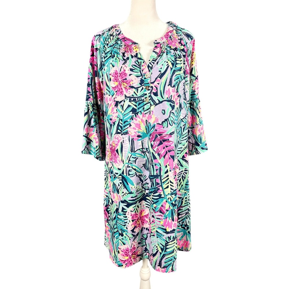 Lilly Pulitzer Dress Small Multi Floral Shift Pima Cotton Smocked Cruise Summer